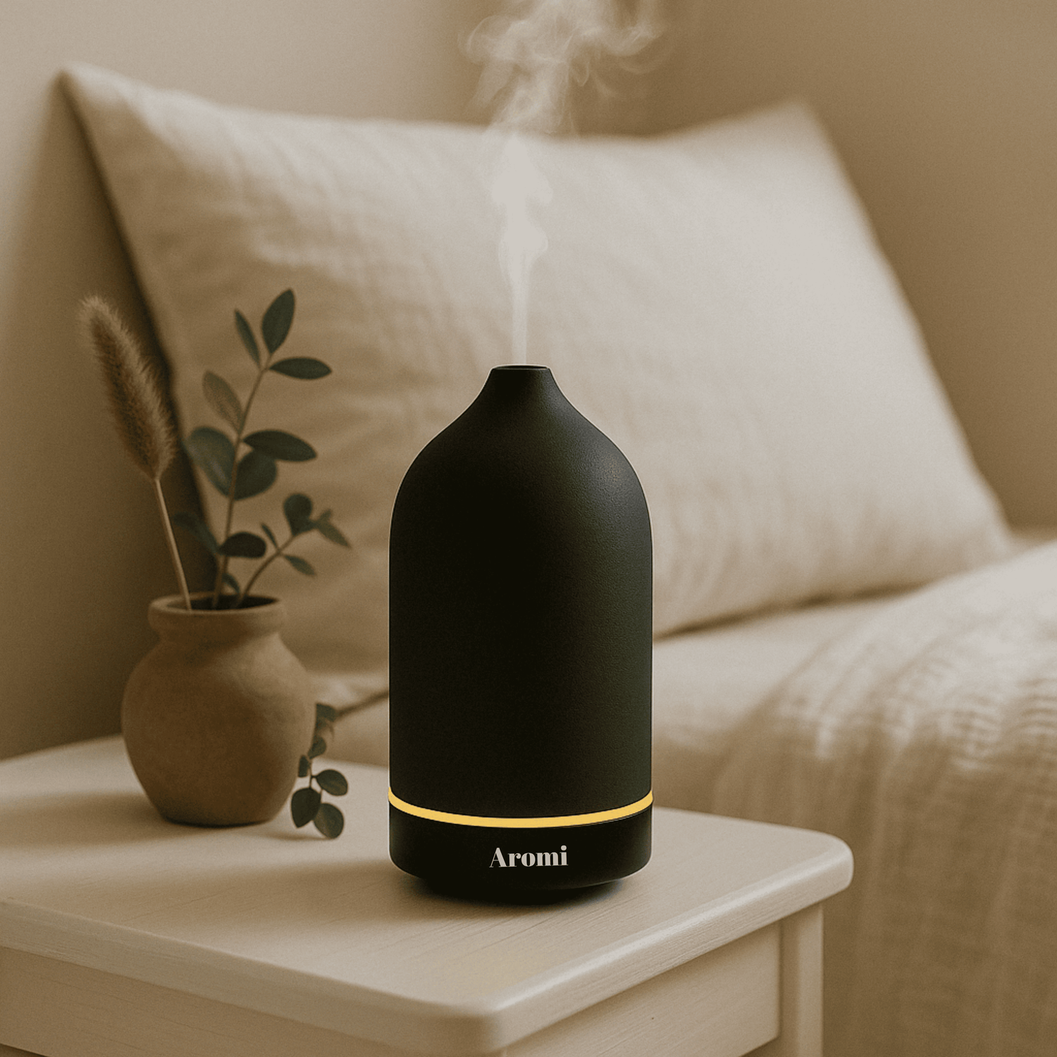 Svart lyxig keramisk diffuser med ledljus som sprider dofter i ett modernt sovrum