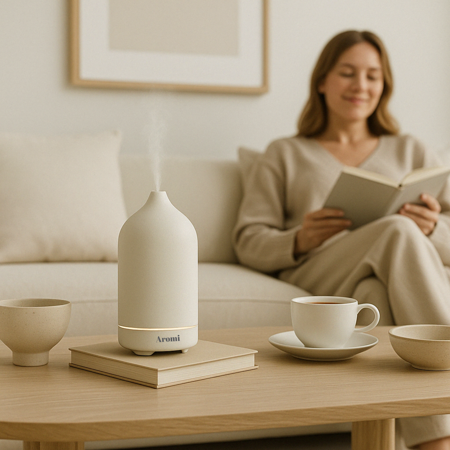 Keramisk diffuser från Aromi placerad i ett stilrent hem, bidrar med doft och lugn atmosfär