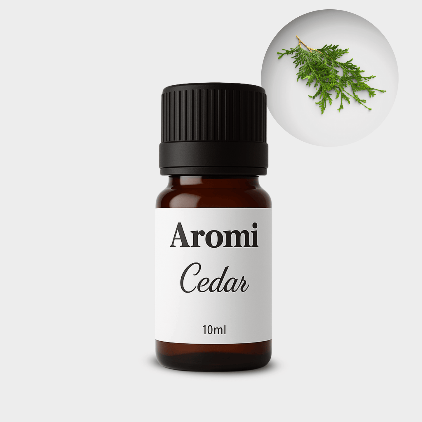 Cederträ eterisk olja, frontvy grå bakgrund