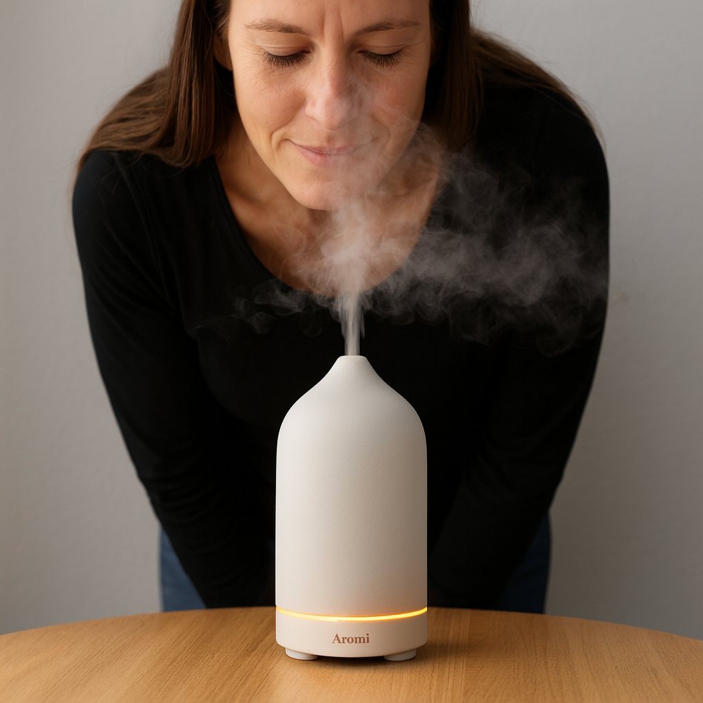 Diffuser sprider doft med kvinna som doftar, frontvy