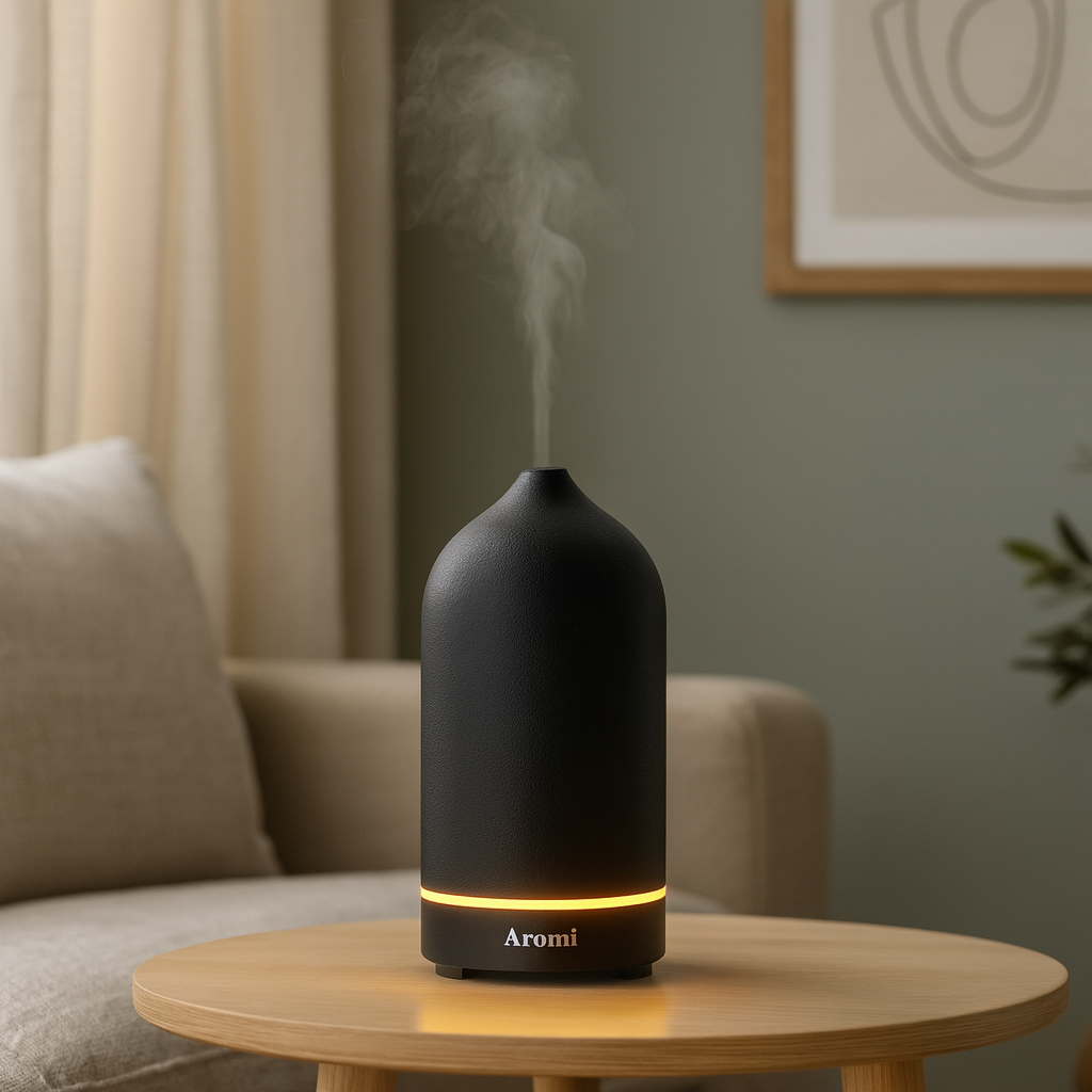 Svart premium diffuser, hemmamiljö med stilren inredning, frontvy