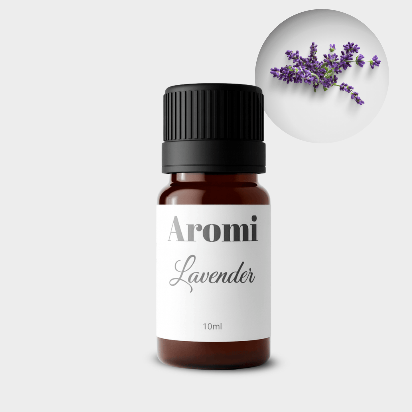 Lavendel eterisk olja, frontvy grå bakgrund