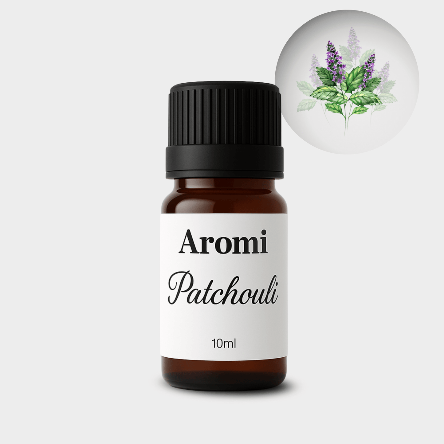 Patchouli eterisk olja, frontvy grå bakgrund