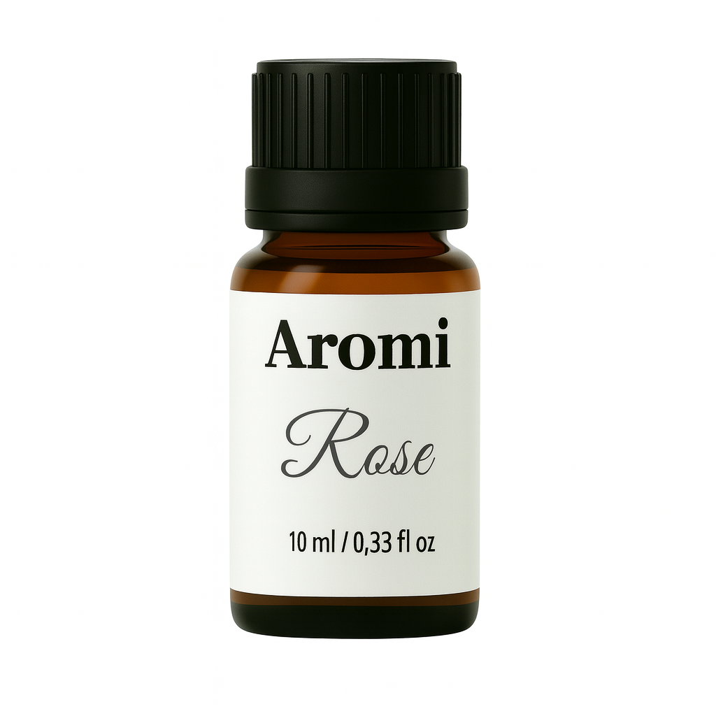 Ros doftolja, vit bakgrund, frontvy