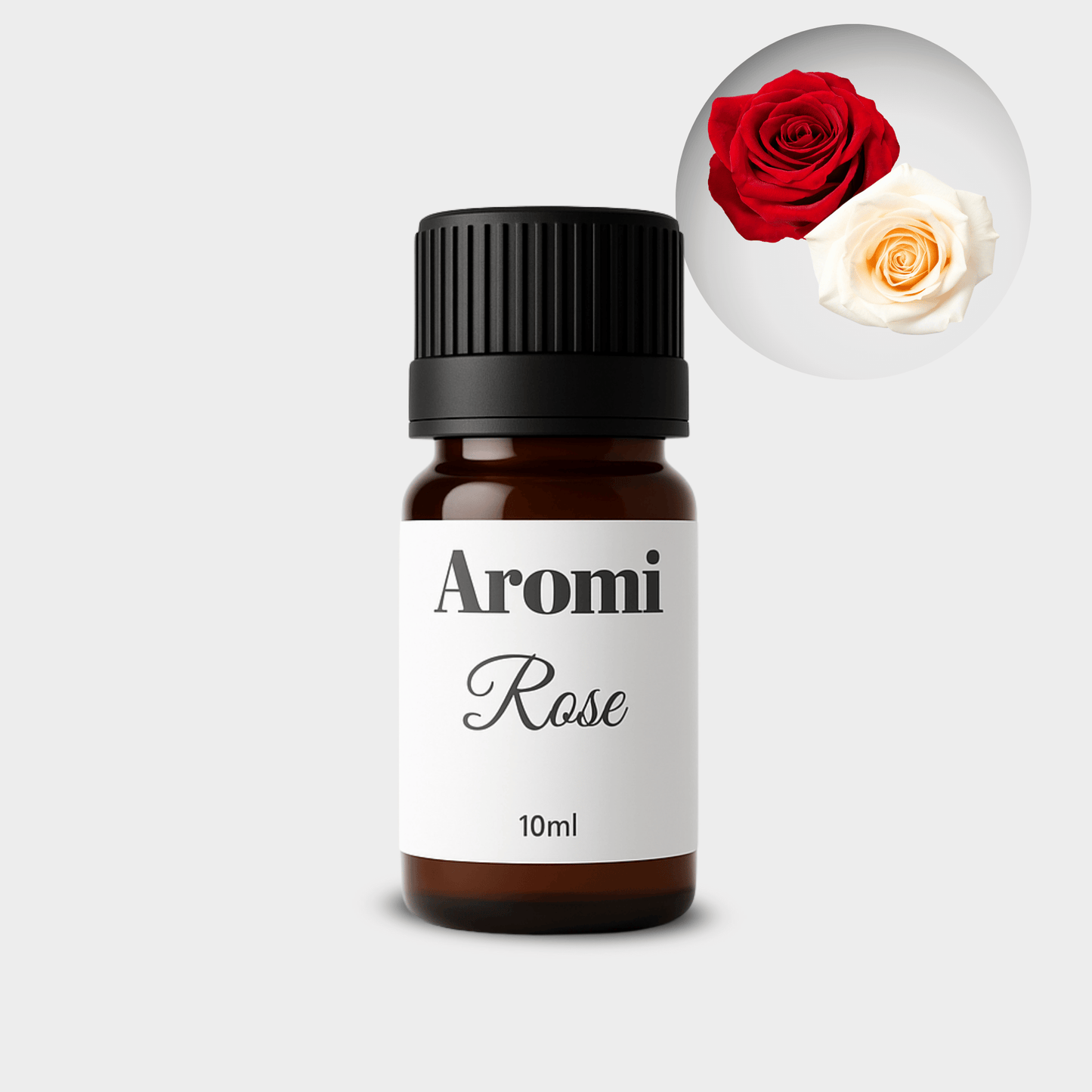 Ros eterisk olja, frontvy grå bakgrund