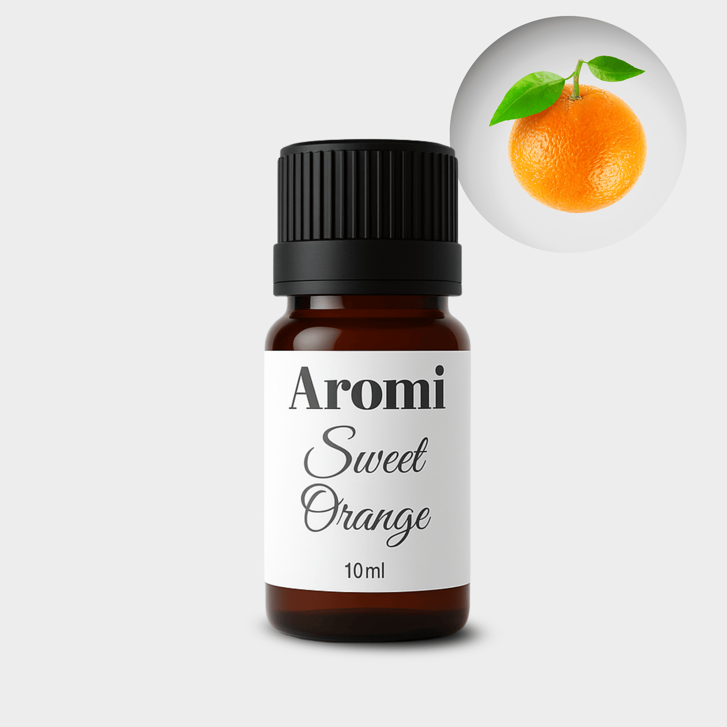 Apelsin eterisk olja, frontvy grå bakgrund