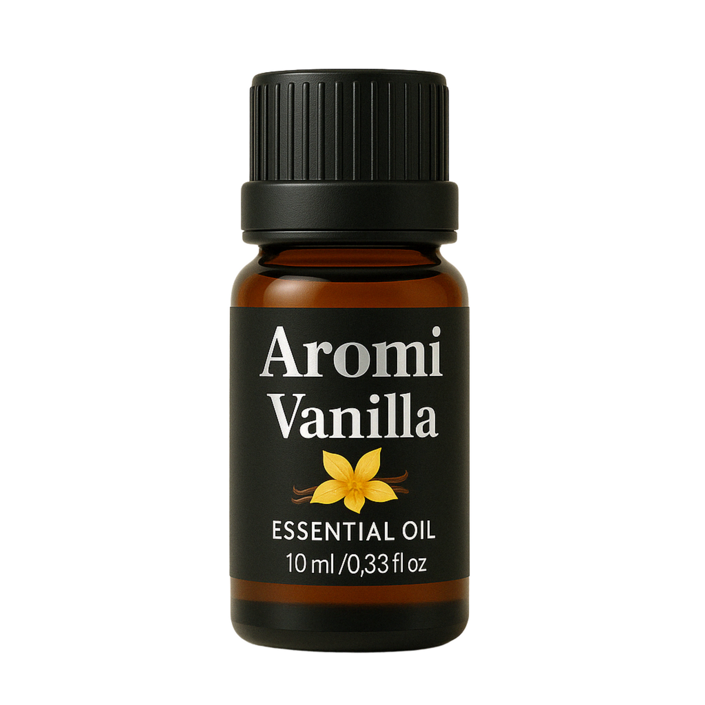 Vanilj eterisk olja, vit bakgrund frontvy