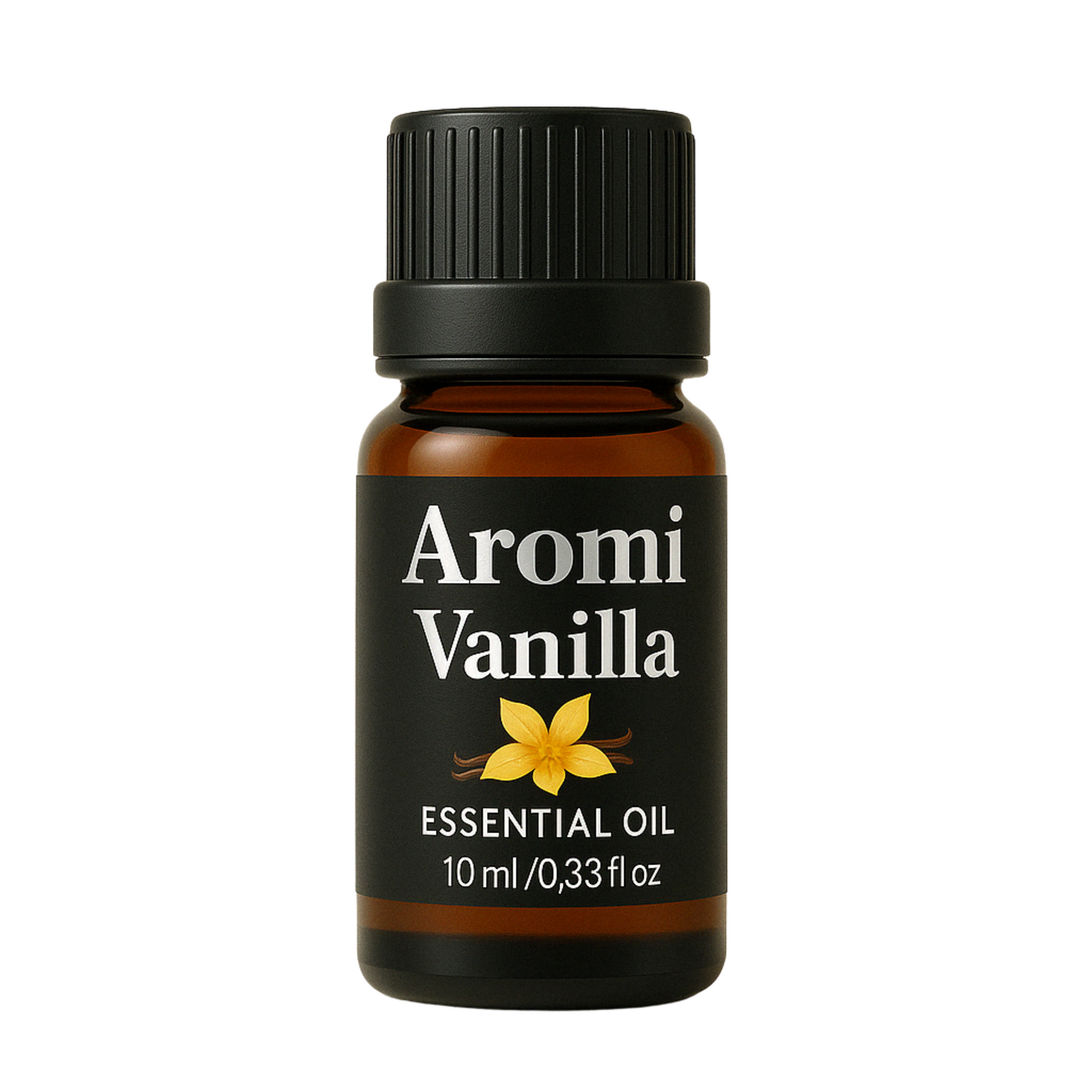 Vanilj eterisk olja, vit bakgrund frontvy