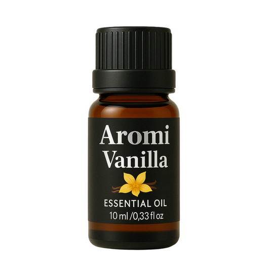 Vanilj eterisk olja, vit bakgrund frontvy