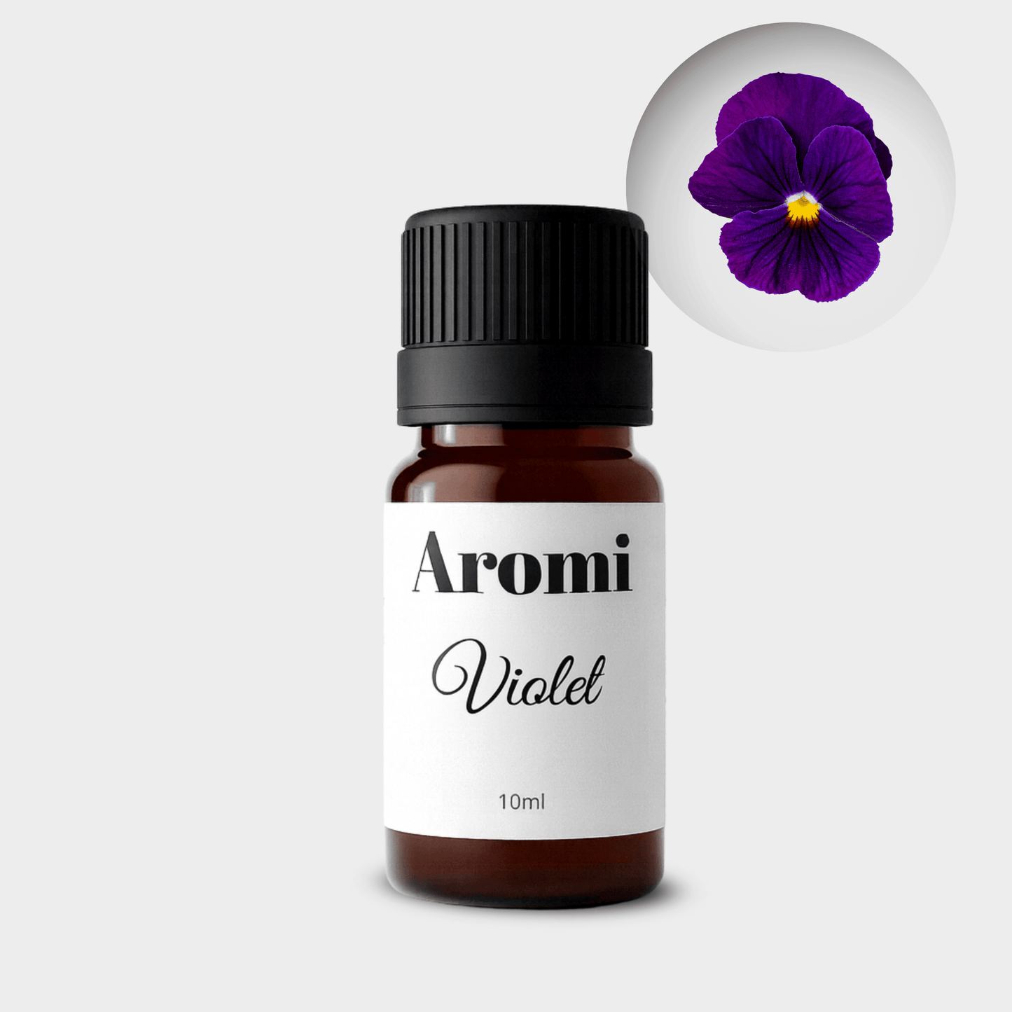 Violet eterisk olja, frontvy grå bakgrund