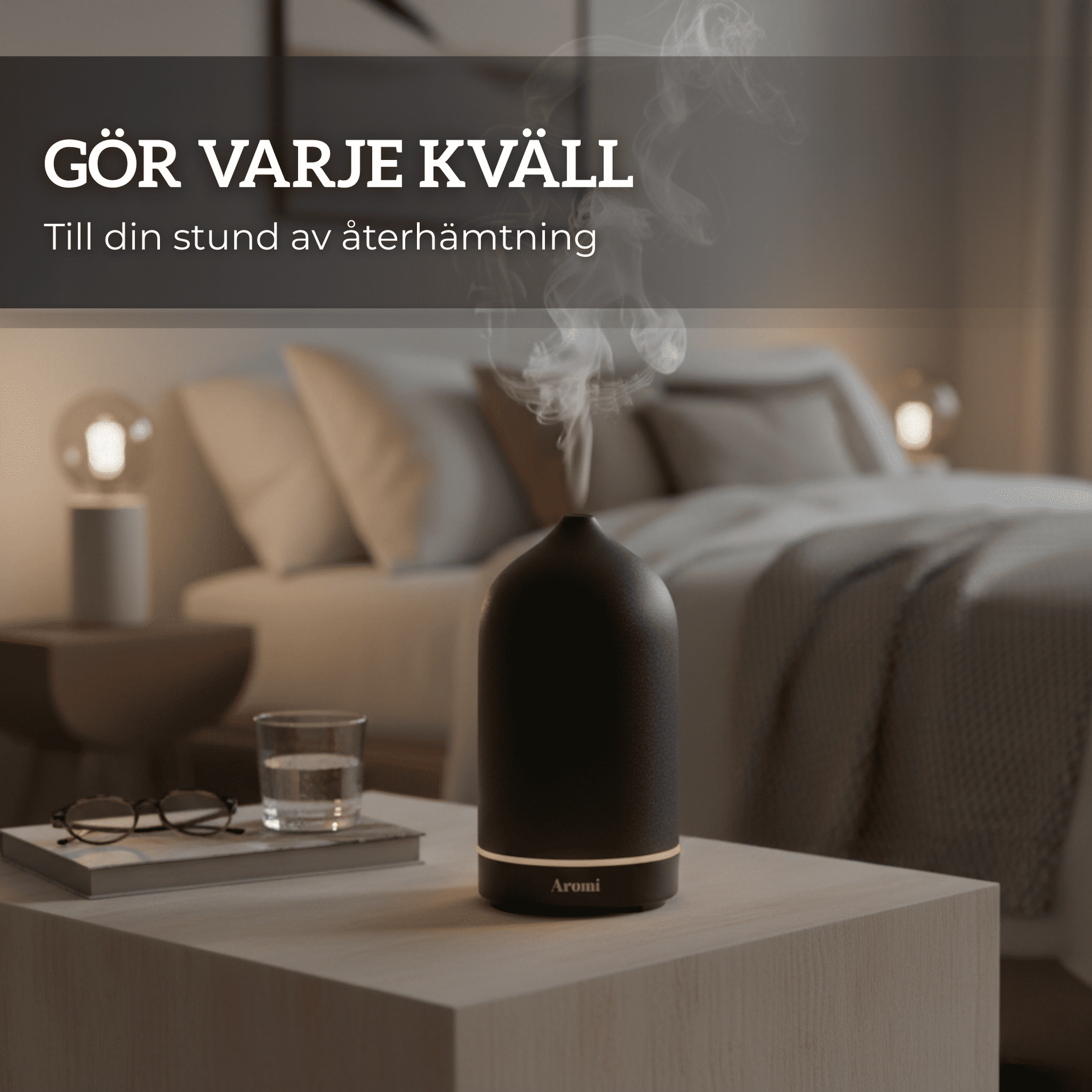 Trådlös diffuser svart i ett sovrum, frontvy