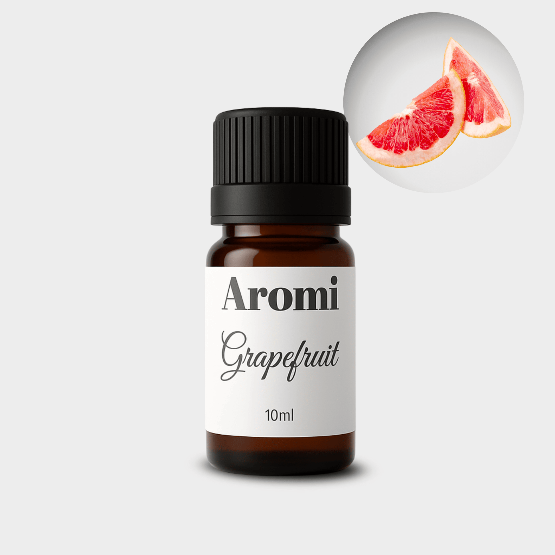 Grapefruit eterisk olja, frontvy grå bakgrund