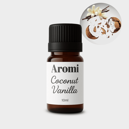 Kokosnöt och vanilj doftolja, frontvy grå bakgrund