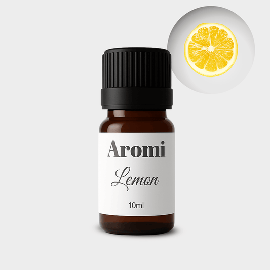 Citron eterisk olja, frontvy grå bakgrund