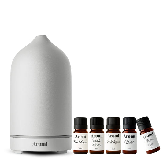 Trådlös vit diffuser och 5 dofter, vit bakgrund frontvy