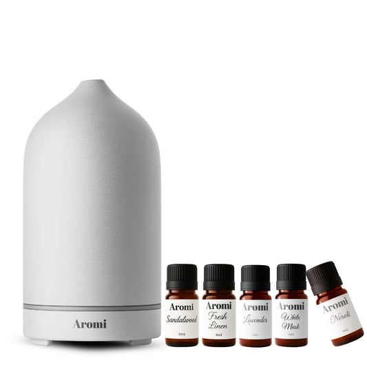 Diffuser och 5 dofter, frontvy vit bakgund