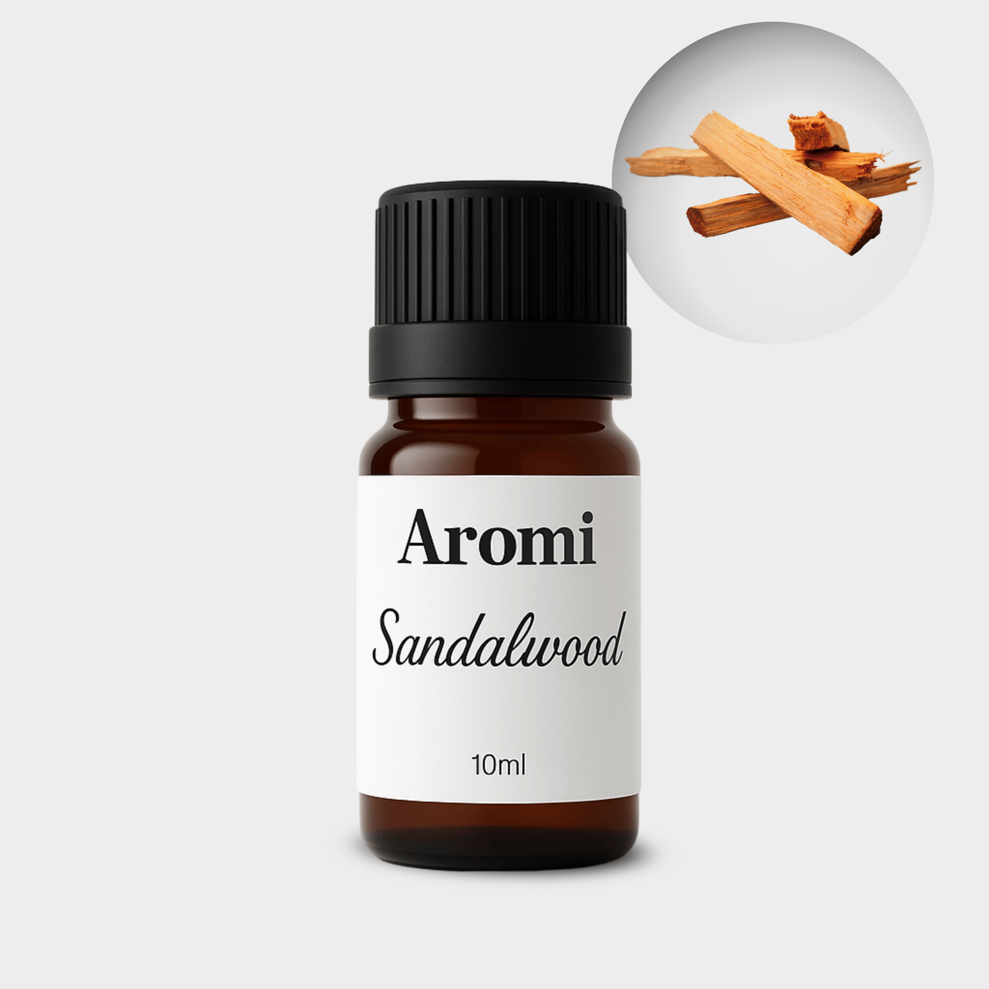 Sandelträ eterisk olja, frontvy grå bakgrund