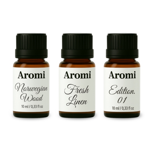 tre doftoljor till diffuser, vit bakgrund frontvy