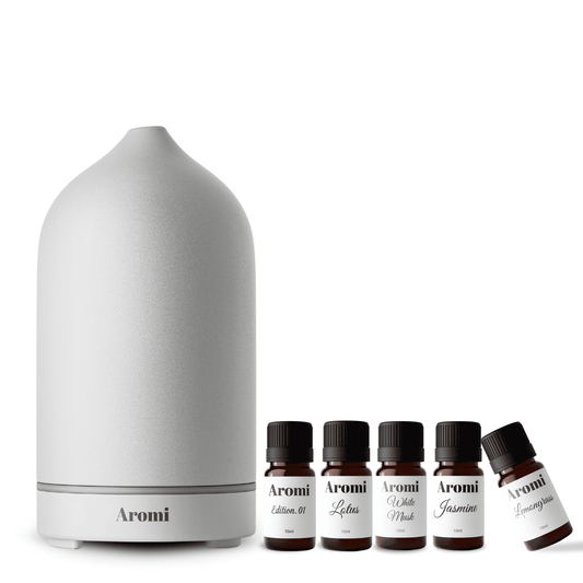 Trådlös vit diffuser och 5 dofter, vit bakgrund frontvy