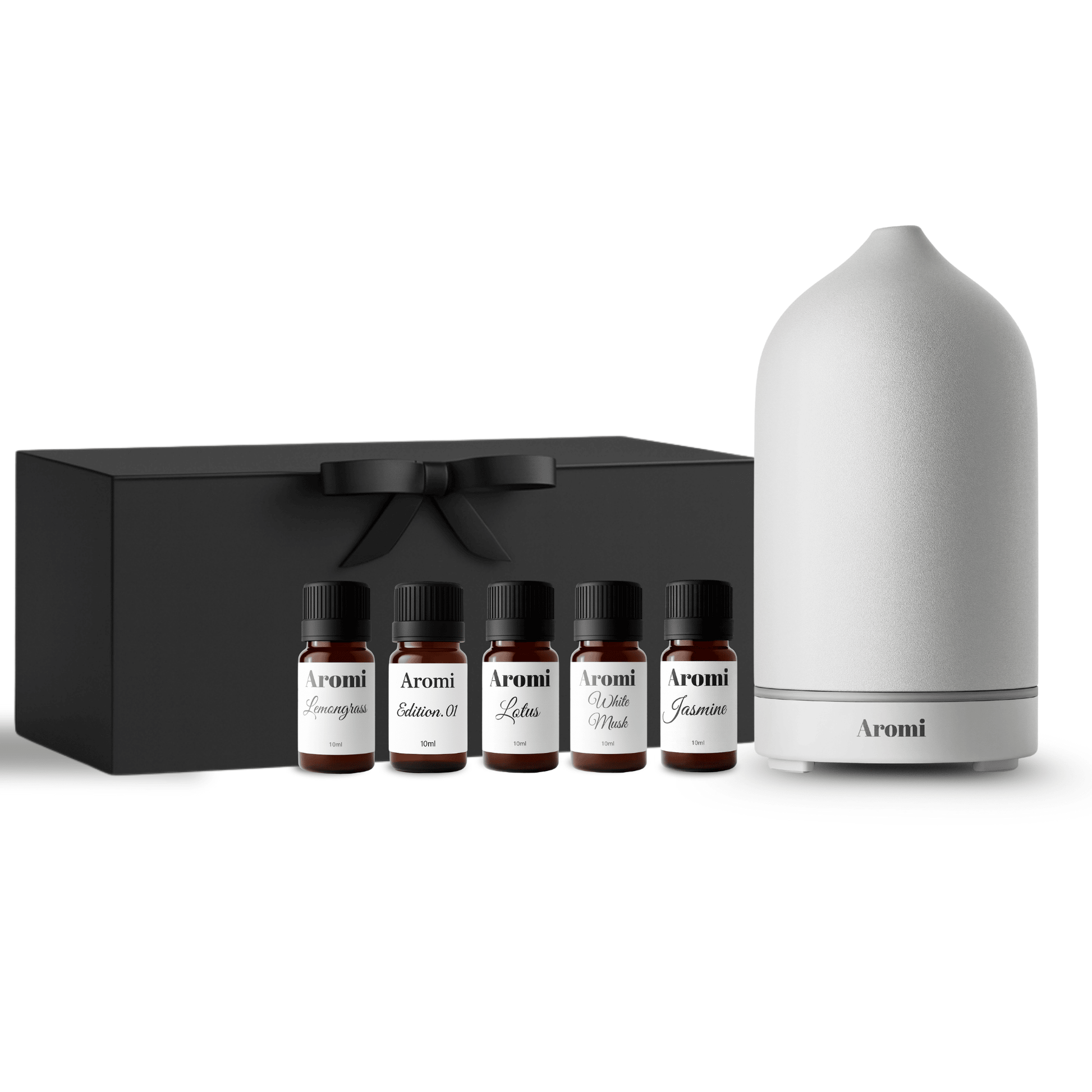 VIt trådlös diffuser med 5 doftoljor i gåvobox, vit bakgrund frontvy