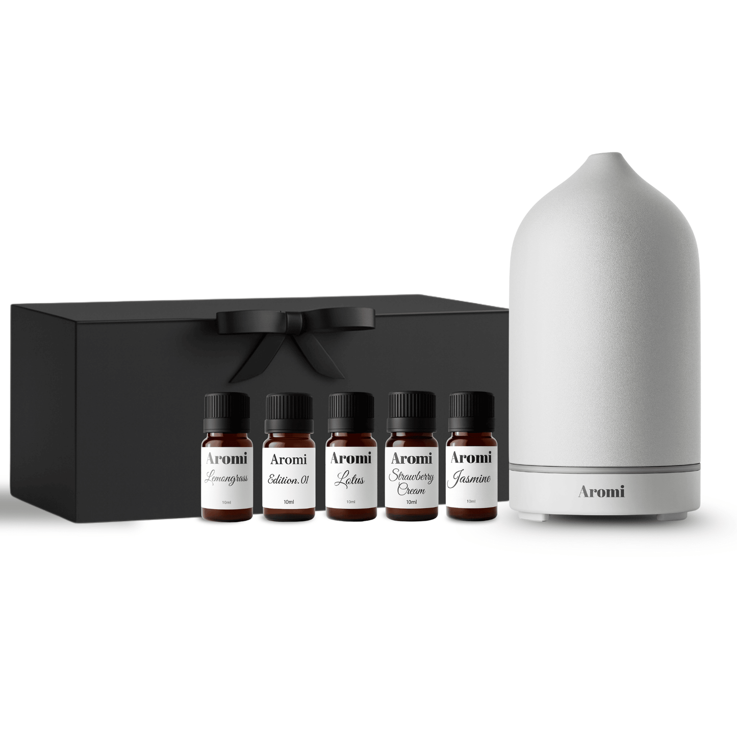 VIt trådlös diffuser med 5 doftoljor i gåvobox, vit bakgrund frontvy
