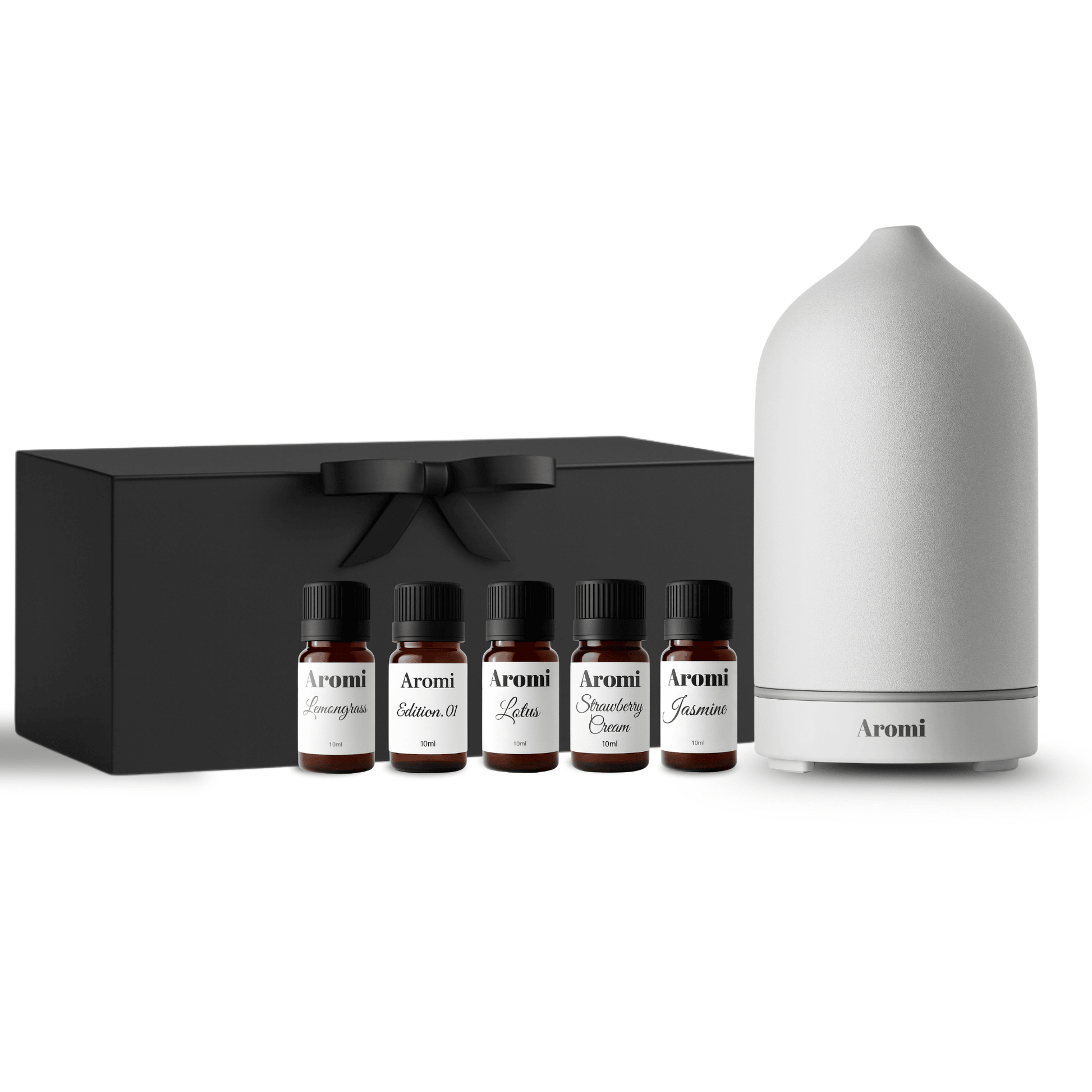 VIt trådlös diffuser med 5 doftoljor i gåvobox, vit bakgrund frontvy
