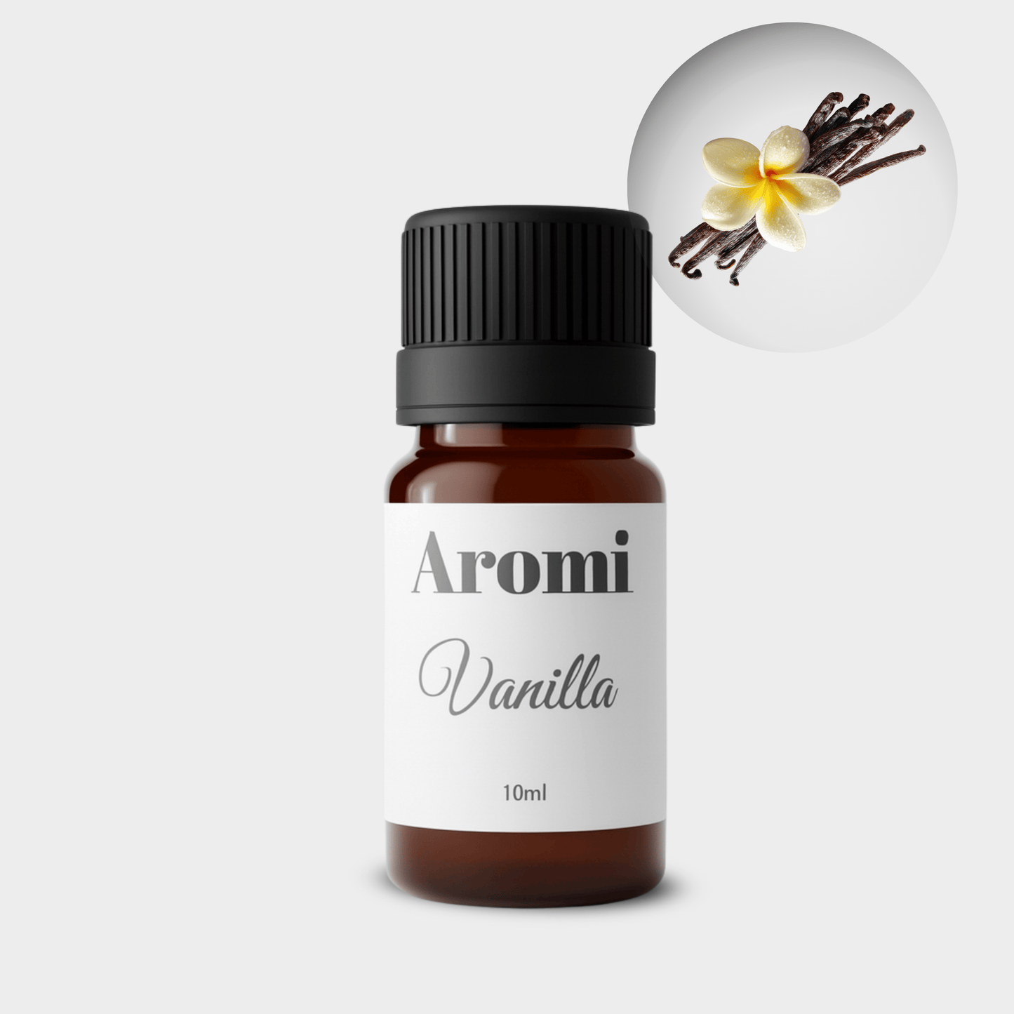 Vanilj eterisk olja, frontvy grå bakgrund