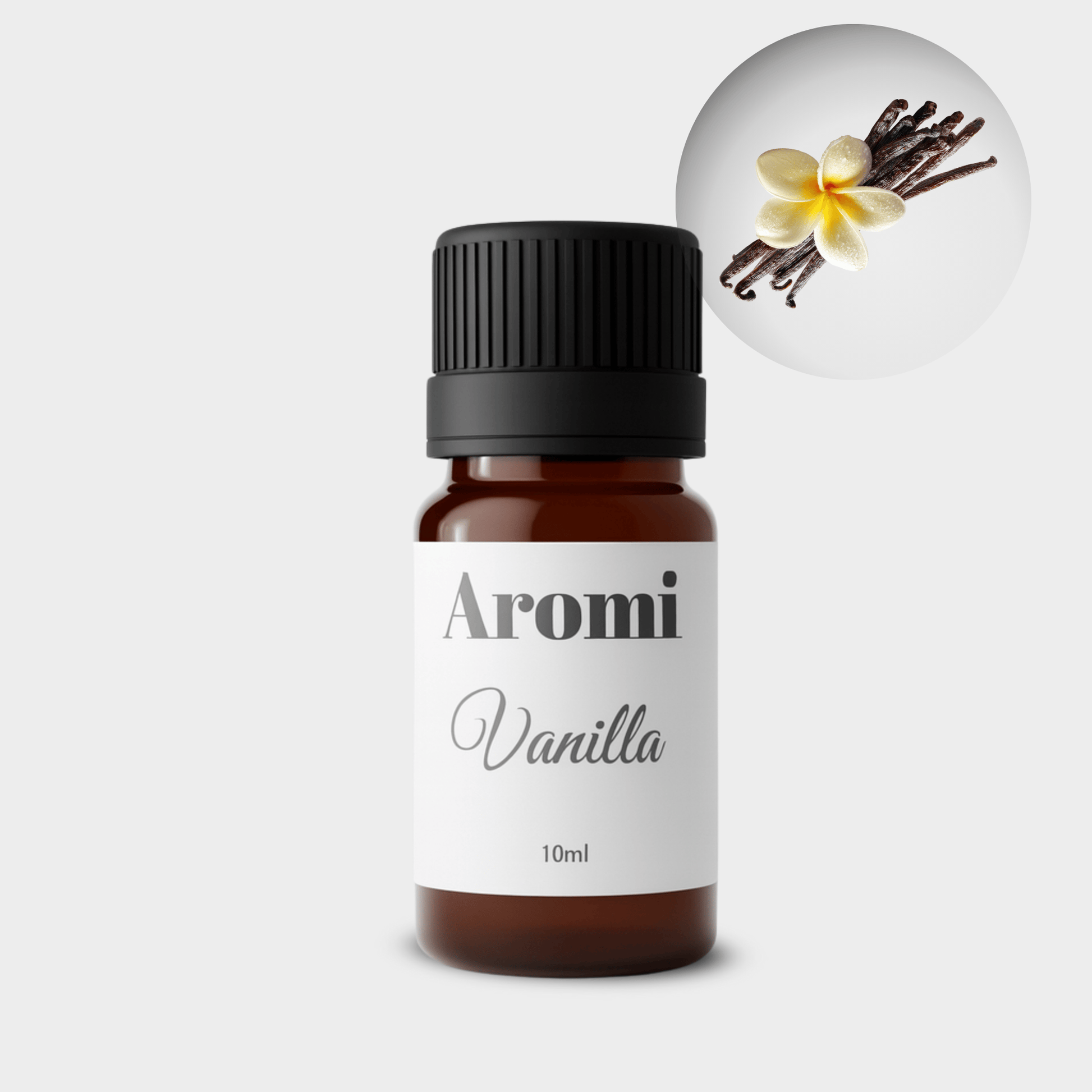 Vanilj eterisk olja, frontvy grå bakgrund