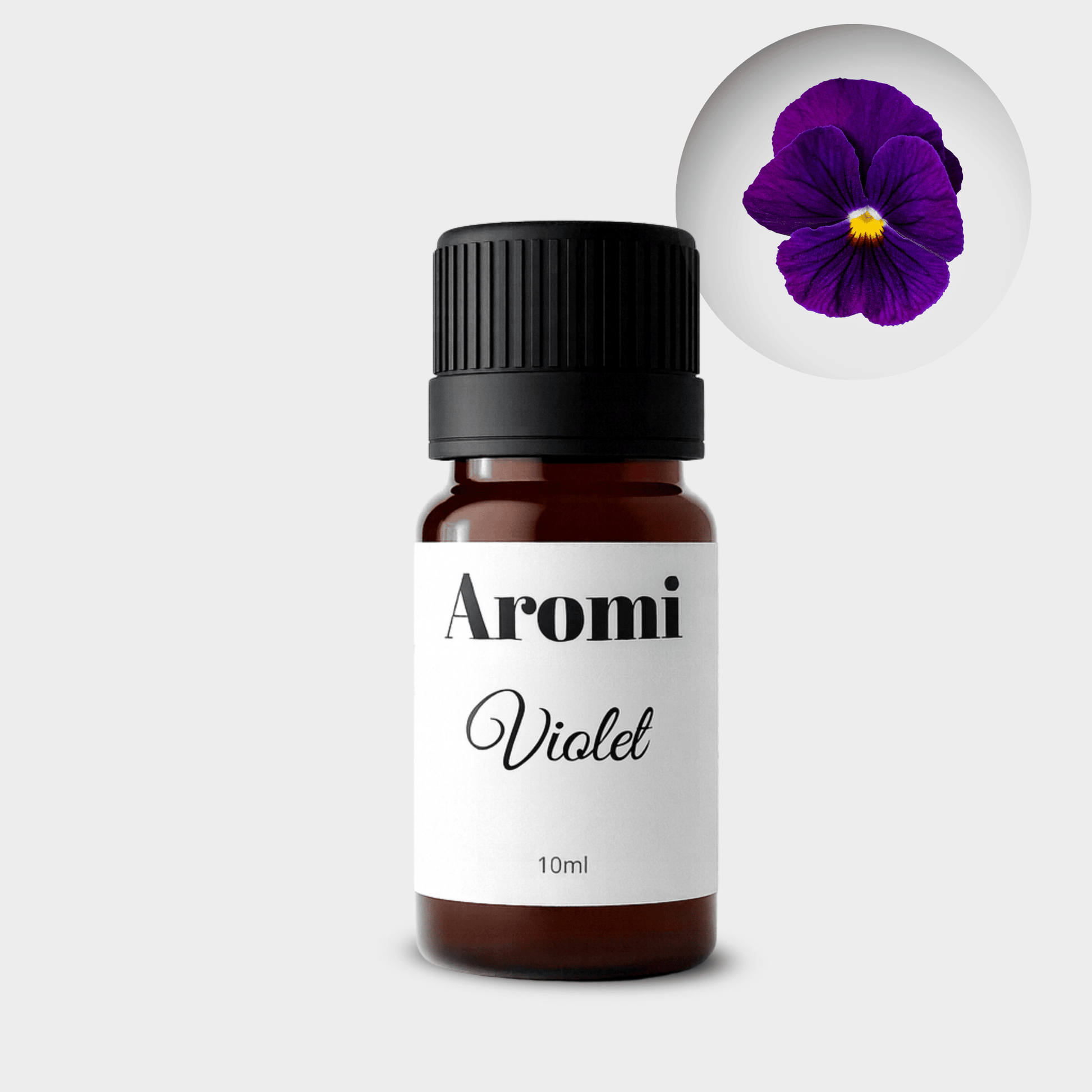 Violet eterisk olja, frontvy grå bakgrund